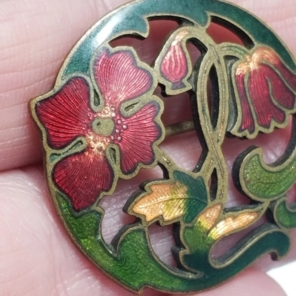 Antique brooch pin poppy flowers floral gold tone Victorian Edwardian red